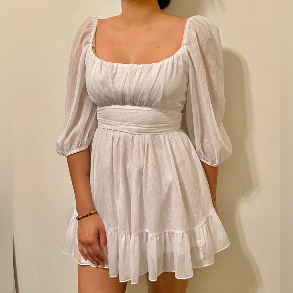Shimmery White Puff Sleeve Dress with Bow Size M